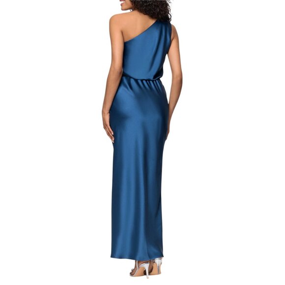 NWT XSCAPE One-Shoulder Satin Gown Ocean Blue Size 6 - Picture 2 of 16